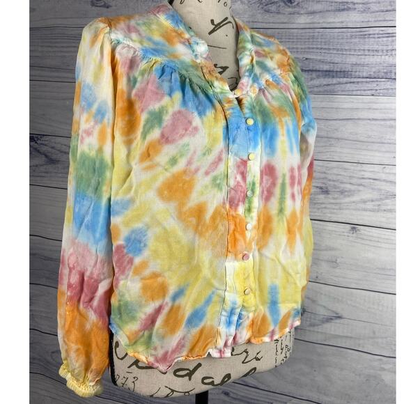 Young Fabulous & Broke Button Front Crop Top Womens S Rainbow Tie Dye Hi Low - Picture 1 of 12